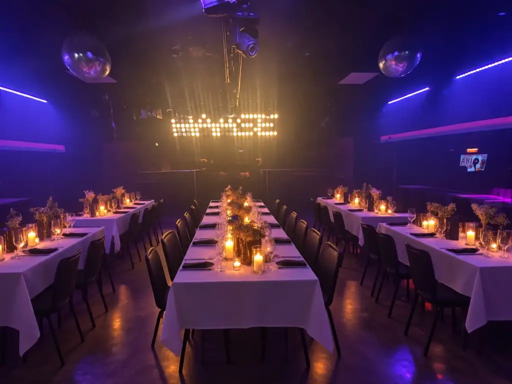 Festlich eingedeckte Tafel im Club der Discothek Haase